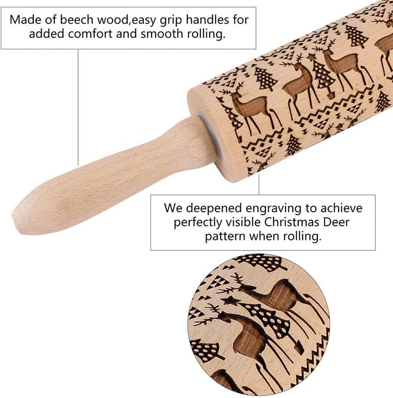 Sthrucrack Christmas Wooden Rolling Pins, Xmas 3D Reindeer Shape Decor Embossing Rolling Pin,Christmas Patterned Rolling Pin Baking Tools (Christmas Reindeer) - Image 3